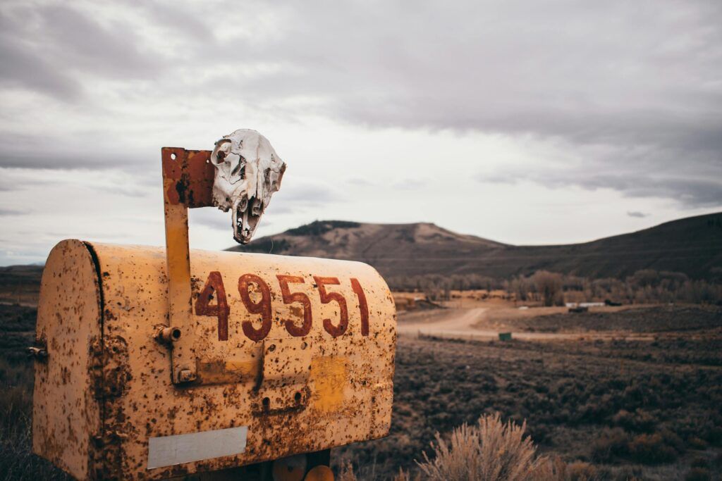 A weathered yellow mailbox adorned with a skull against a vast rural backdrop.
