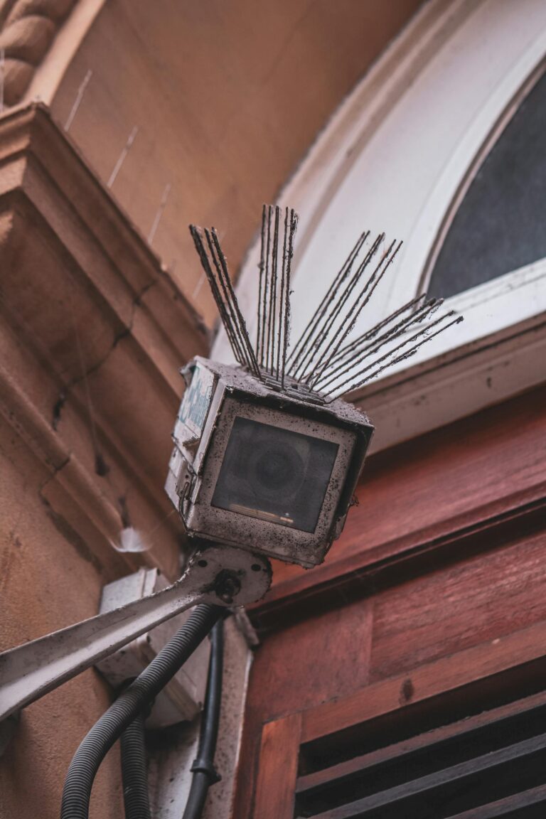 Close-up of an outdoor security camera fitted with bird spikes on a building facade.